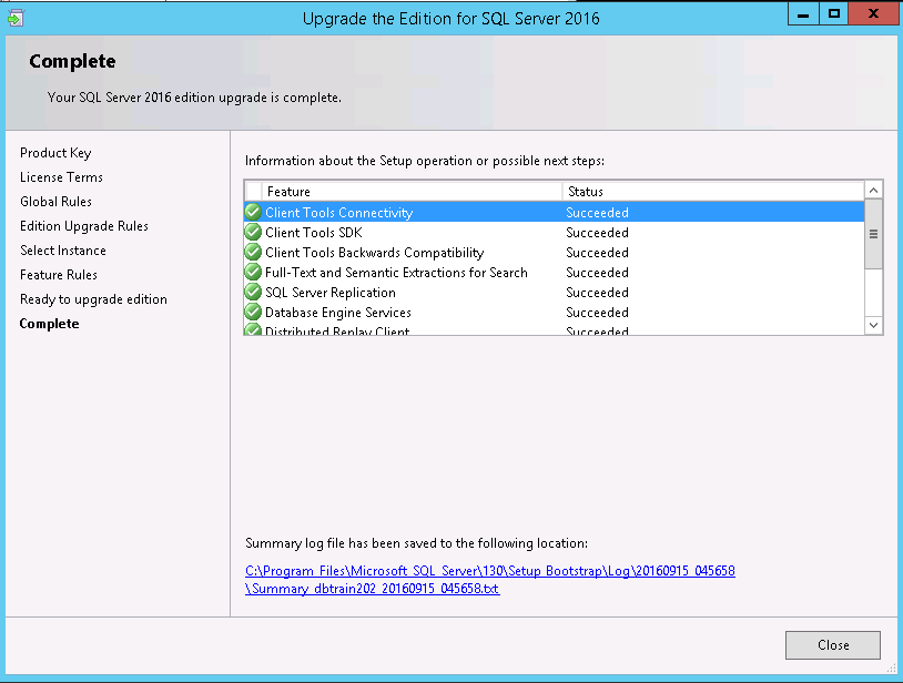 edition upgrade completed for sql server 2016