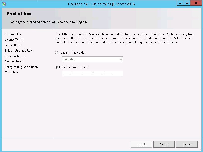 enter sql server product key