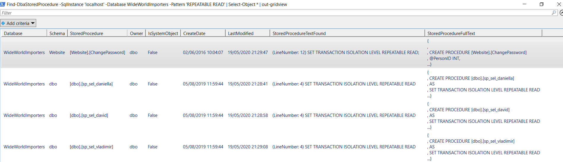 Find-DBAStoredProcedure example output