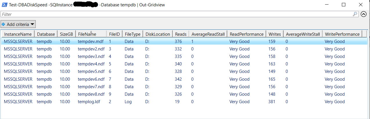 Test-DBADiskSpeed example output
