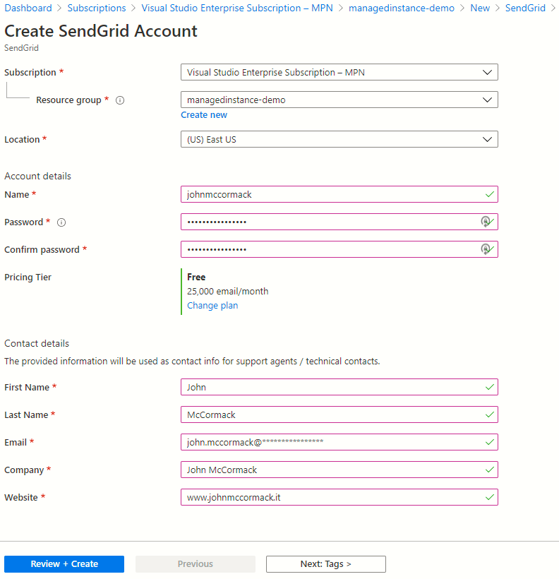 Create sendgrid account in Azure Portal