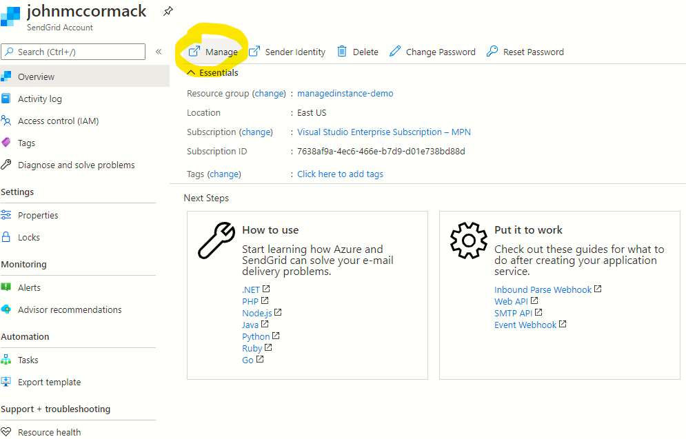 Manage Sendgrid button in Azure Portal