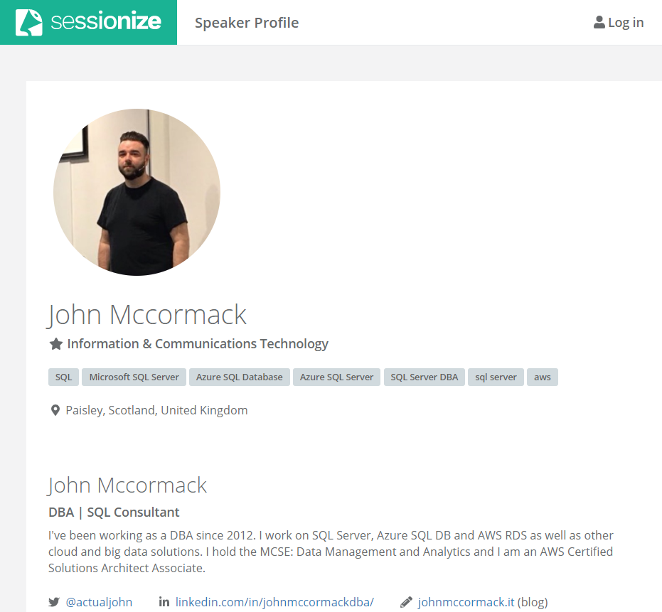 John McCormack's Sessionize speaker's profile