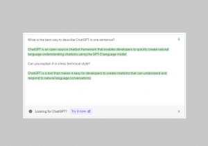 Image asking ChatGPT What is te best way to describe ChatGPT in one sentence?