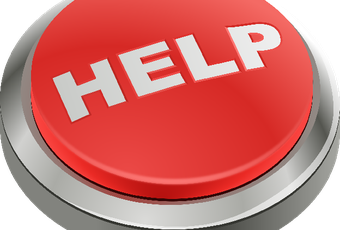 Red button with the word HELP in bold capital letters