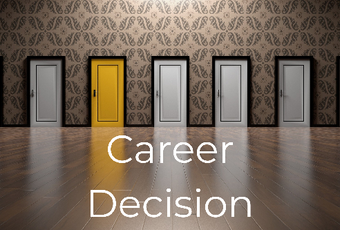 Six white doors and one yellow door in a hallway, with the words Career Decision