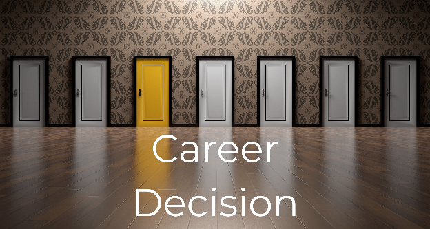 Six white doors and one yellow door in a hallway, with the words Career Decision